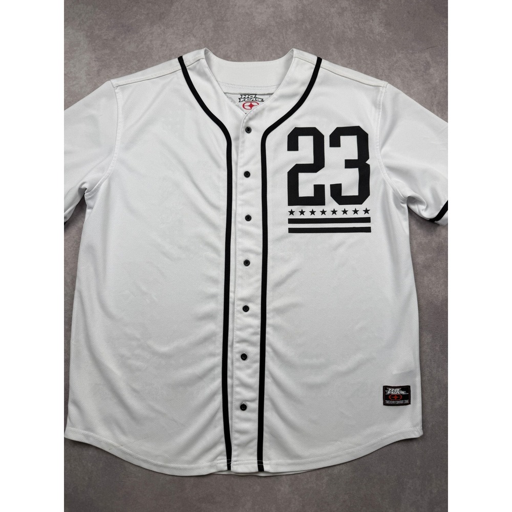 No Fear Men XL Baseball Jersey White Mesh Paisley #23 Graphic Button Streetwear